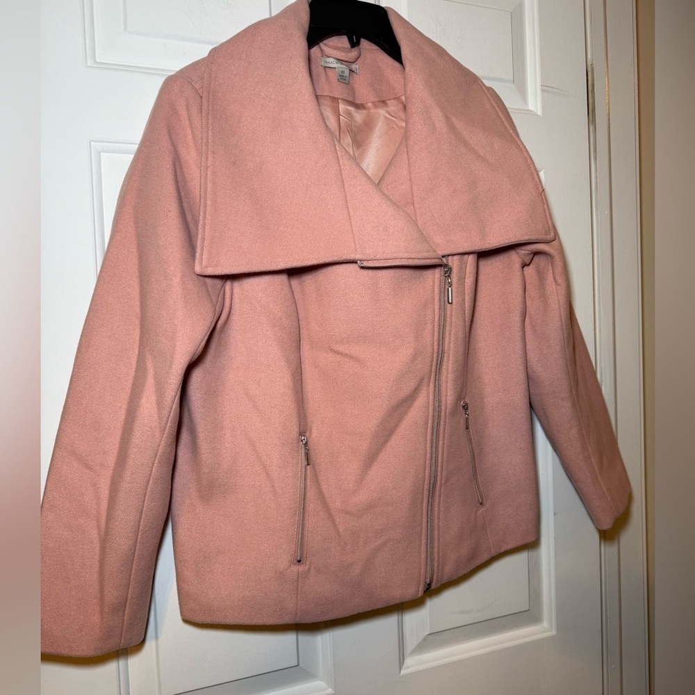 Isaac Mizrahi Live Blush Pink Wool Blend Asymmetrical Zip Cropped Jacket Size 10